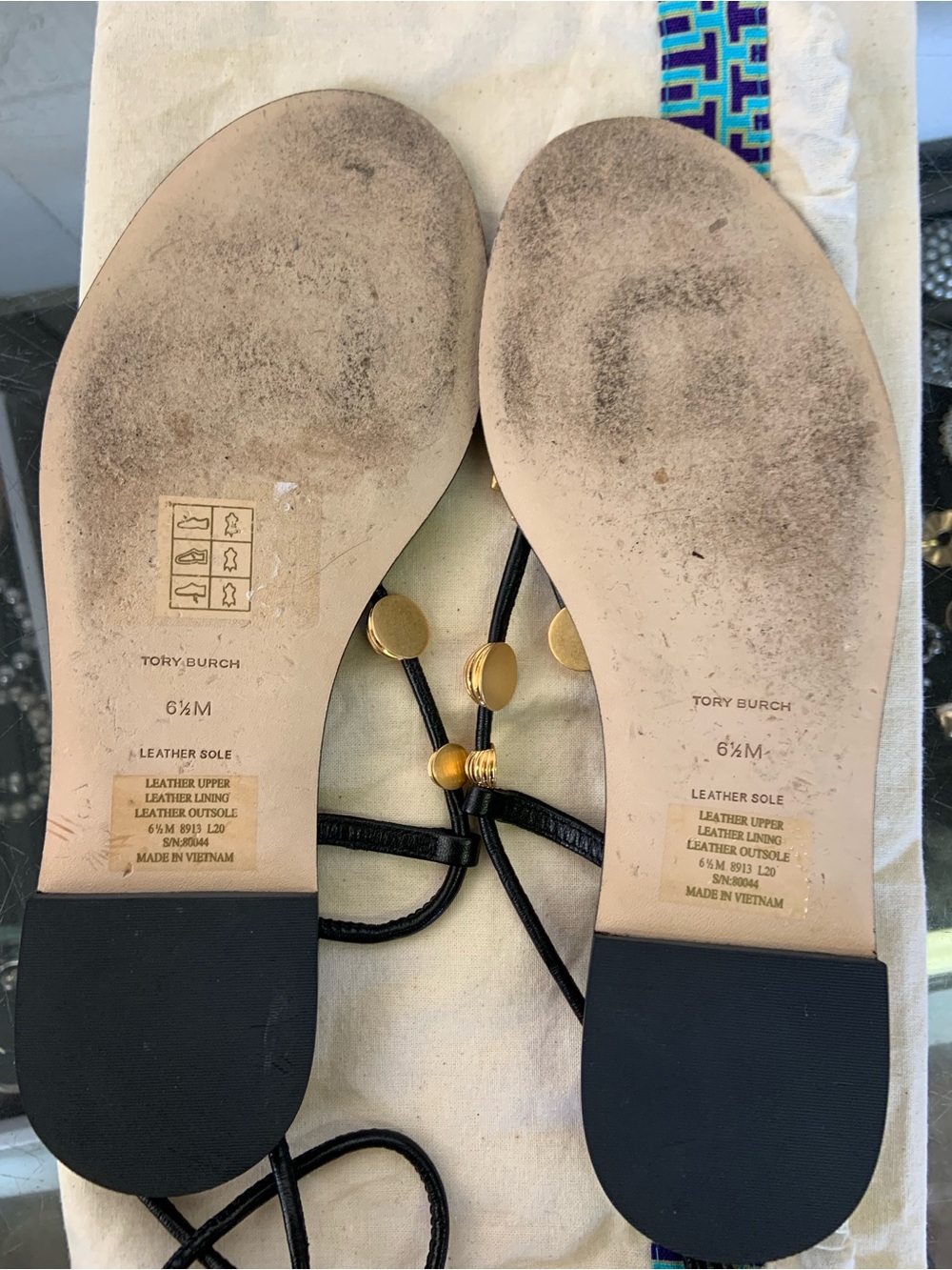 Tory Burch Black Sandal Lace-Up Flats with Gold Logo Accents - Picture 7 of 9